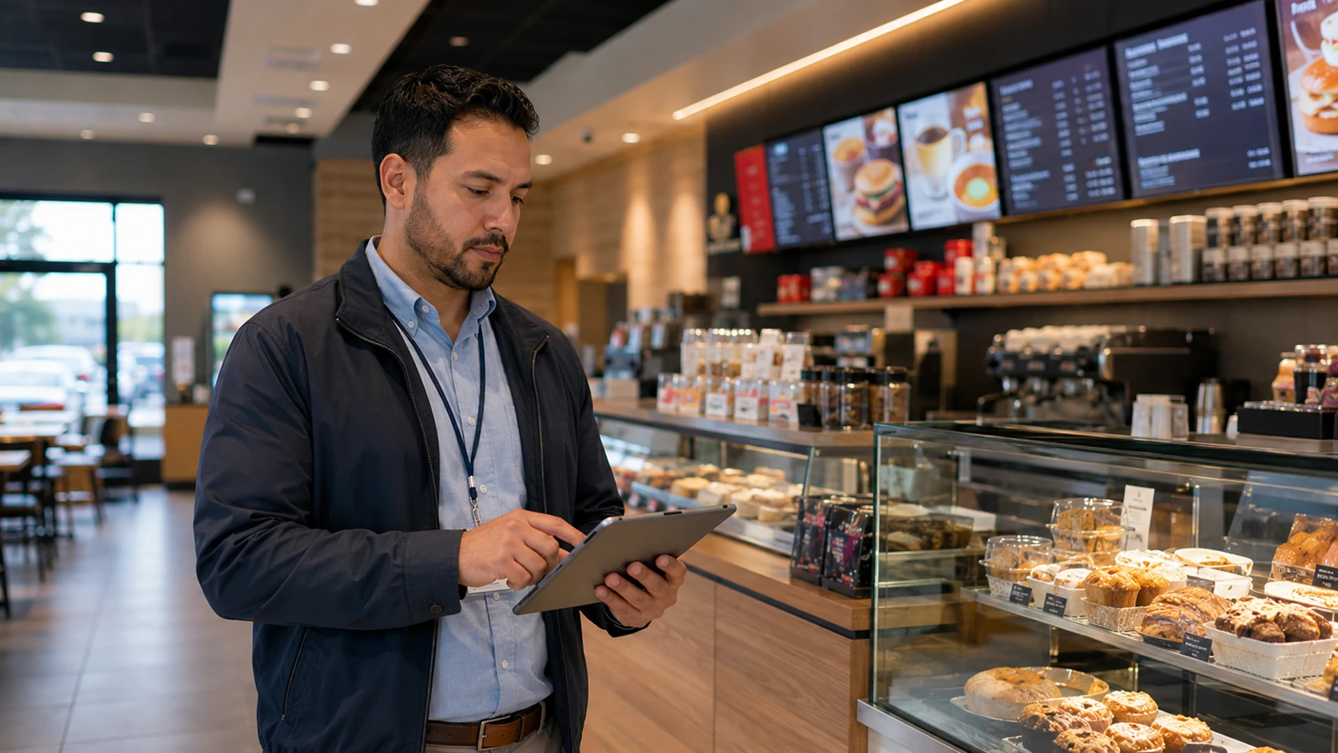 Gestor usa um tablet no balcão de uma cafeteria.