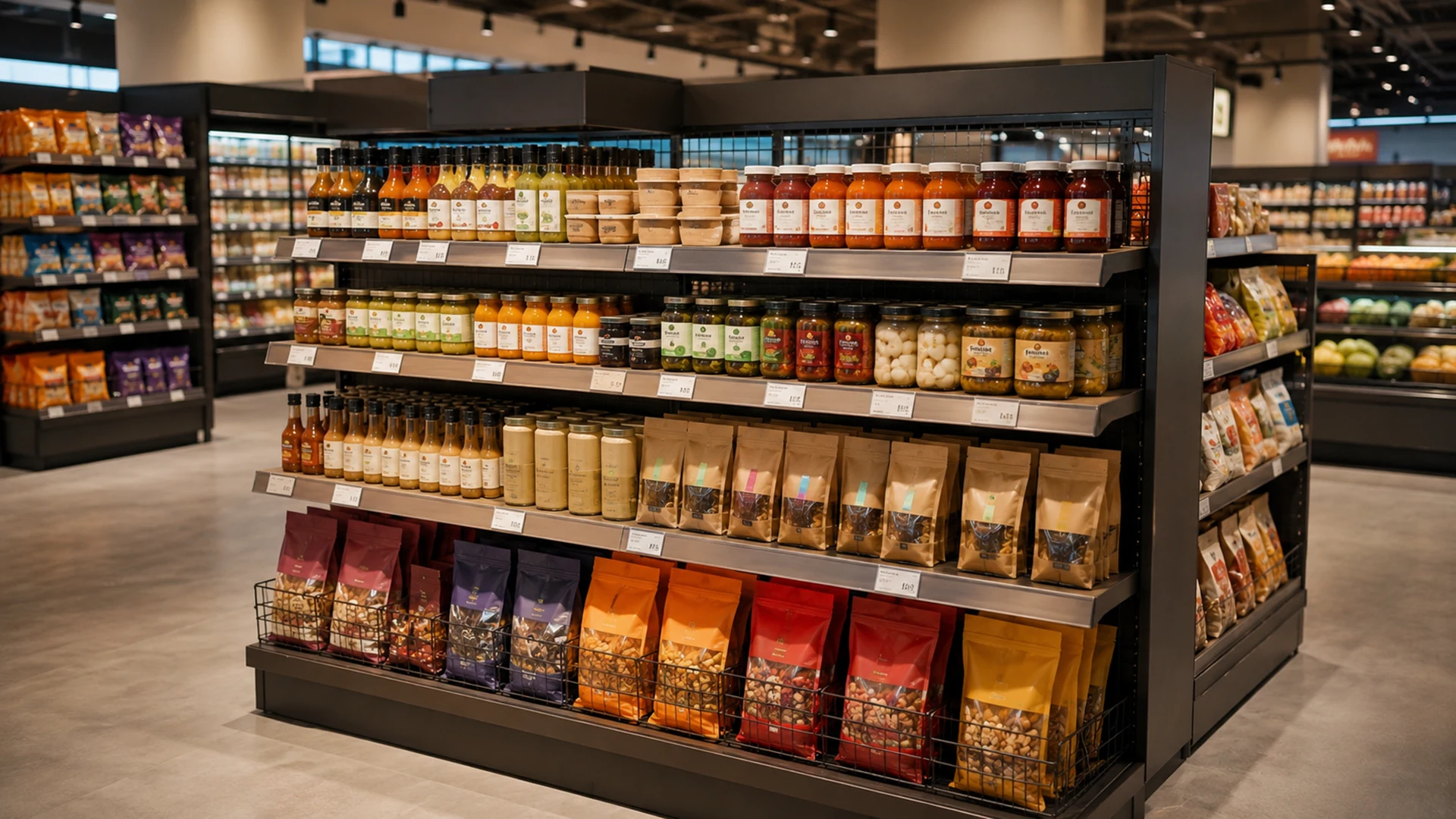 Gôndola organizada com produtos em um supermercado.