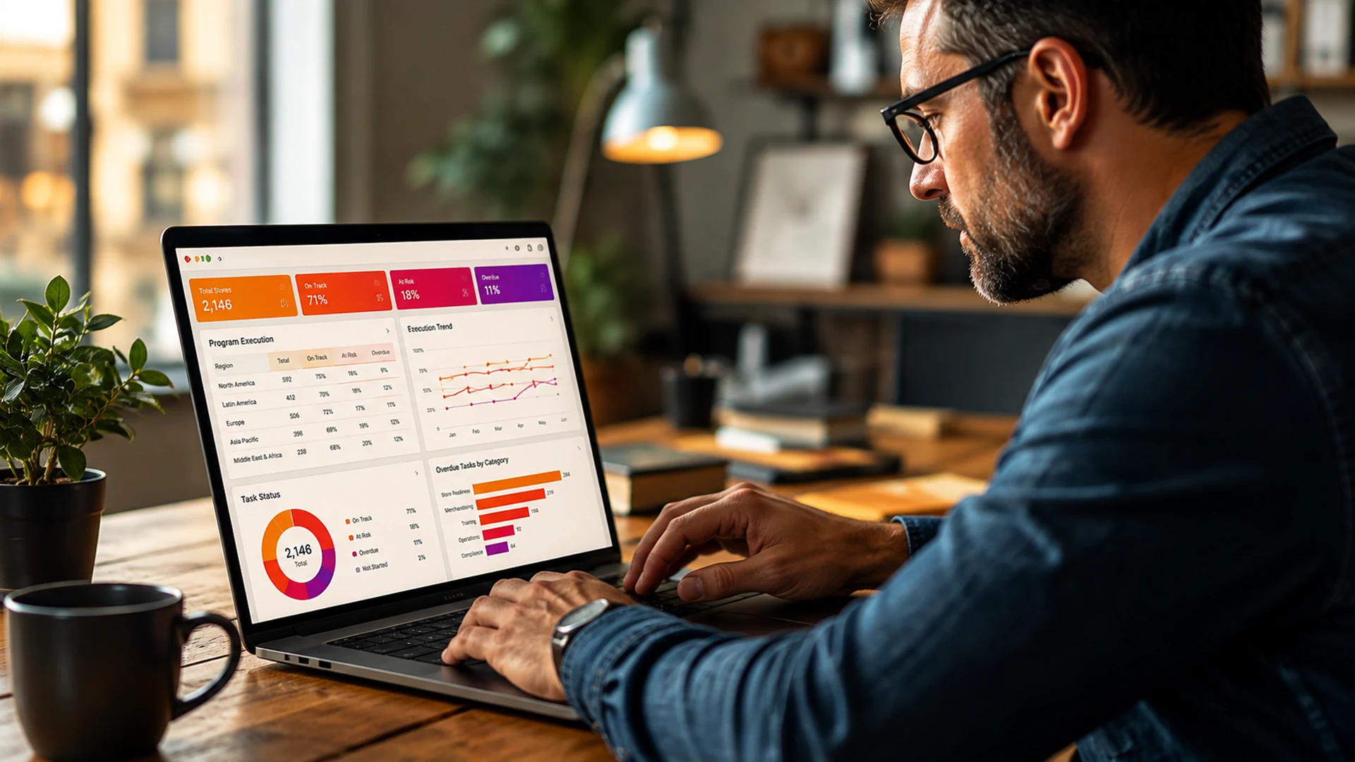 Homem analisa um dashboard operacional em um notebook.