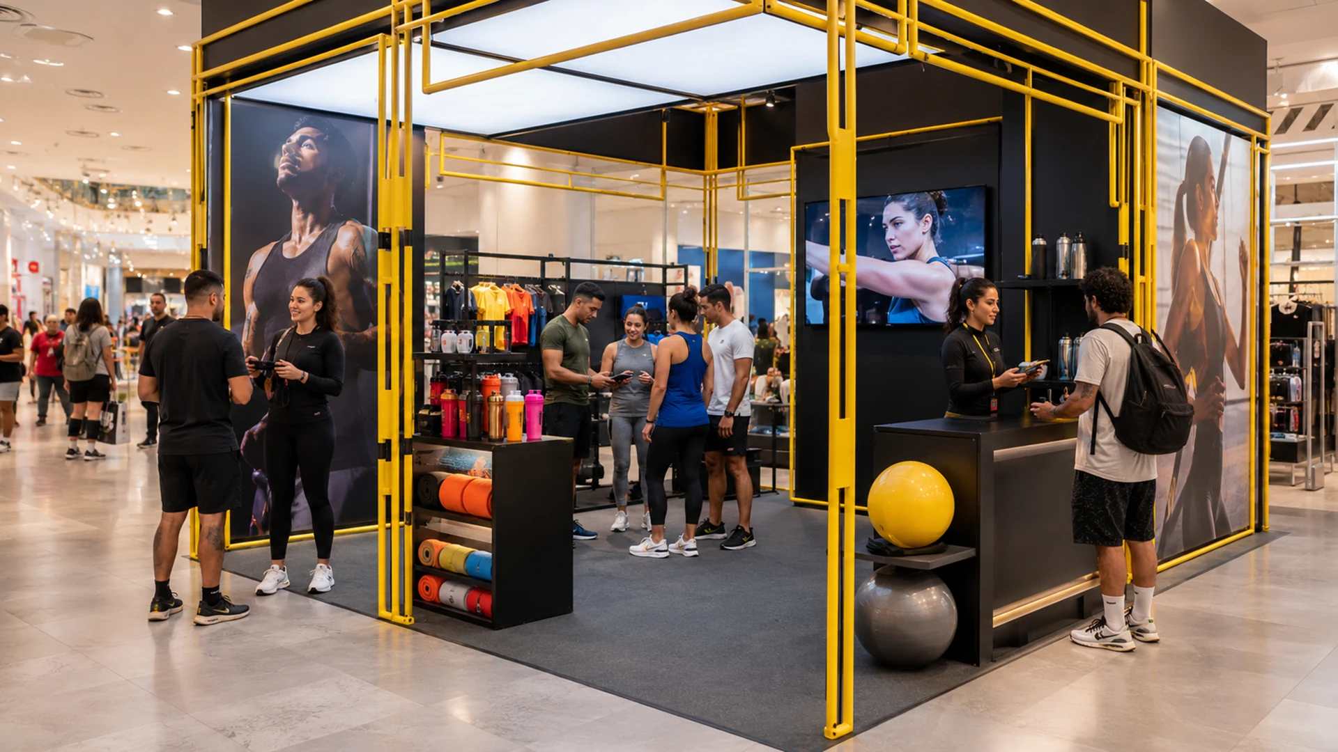 Ativação de marca em um shopping com pessoas circulando.