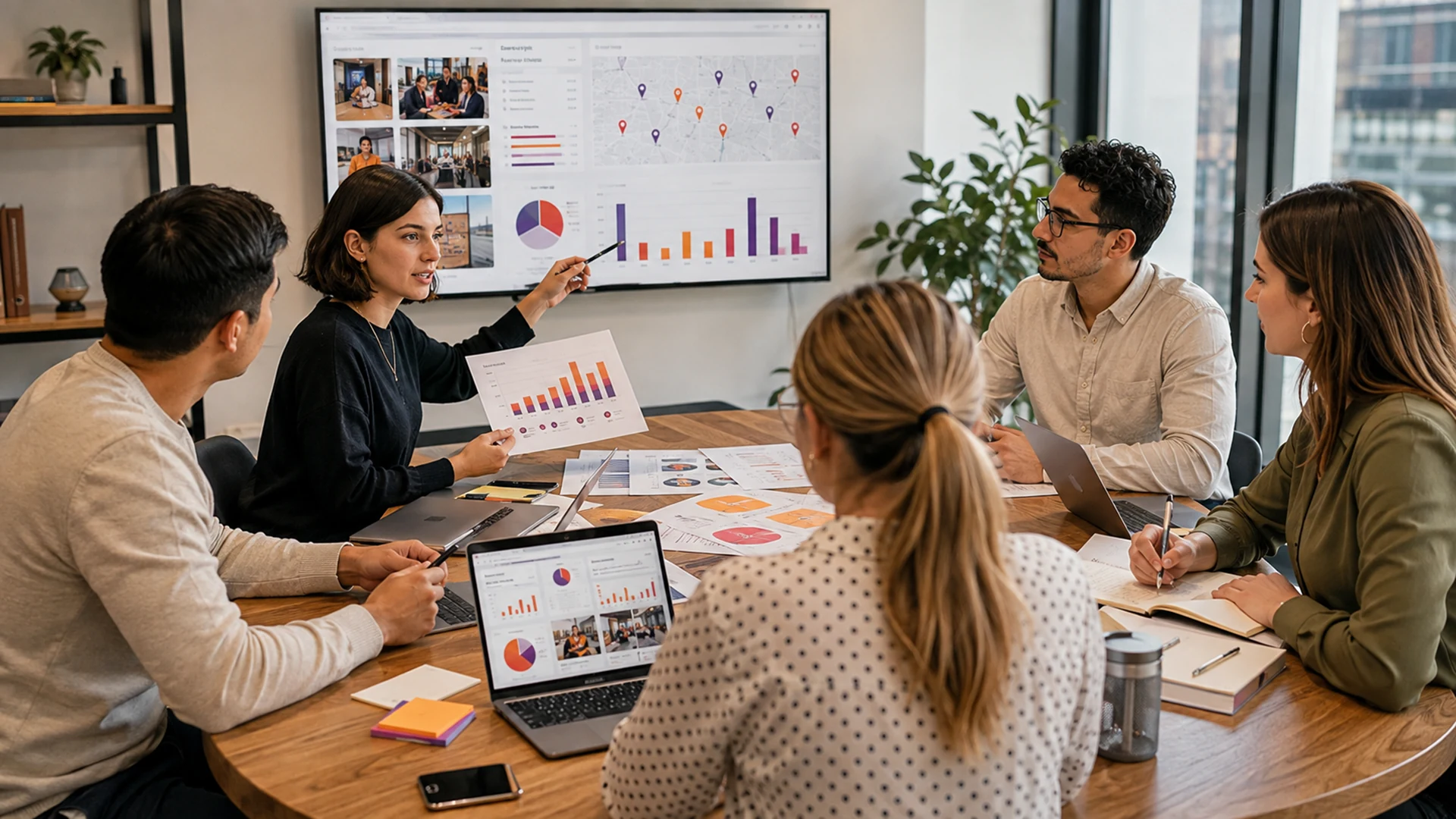 Equipe analisa dados e materiais durante uma reunião de planejamento.
