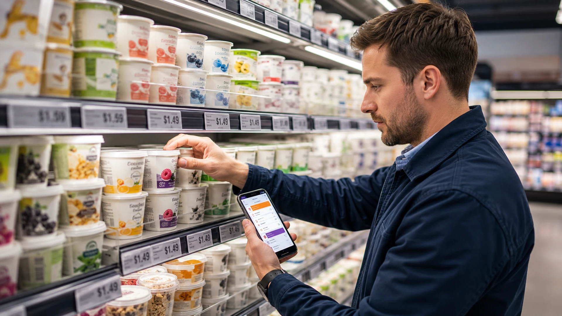 Homem compara um produto com informações exibidas no celular.
