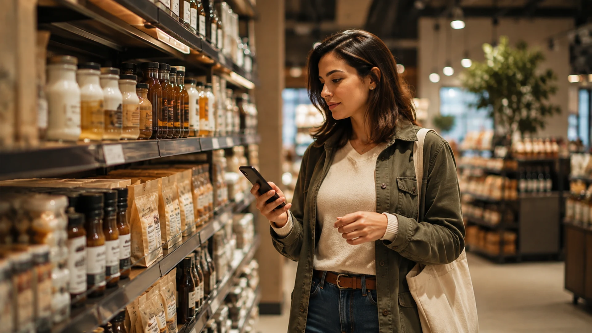 Mulher consulta o celular diante de uma prateleira de produtos.