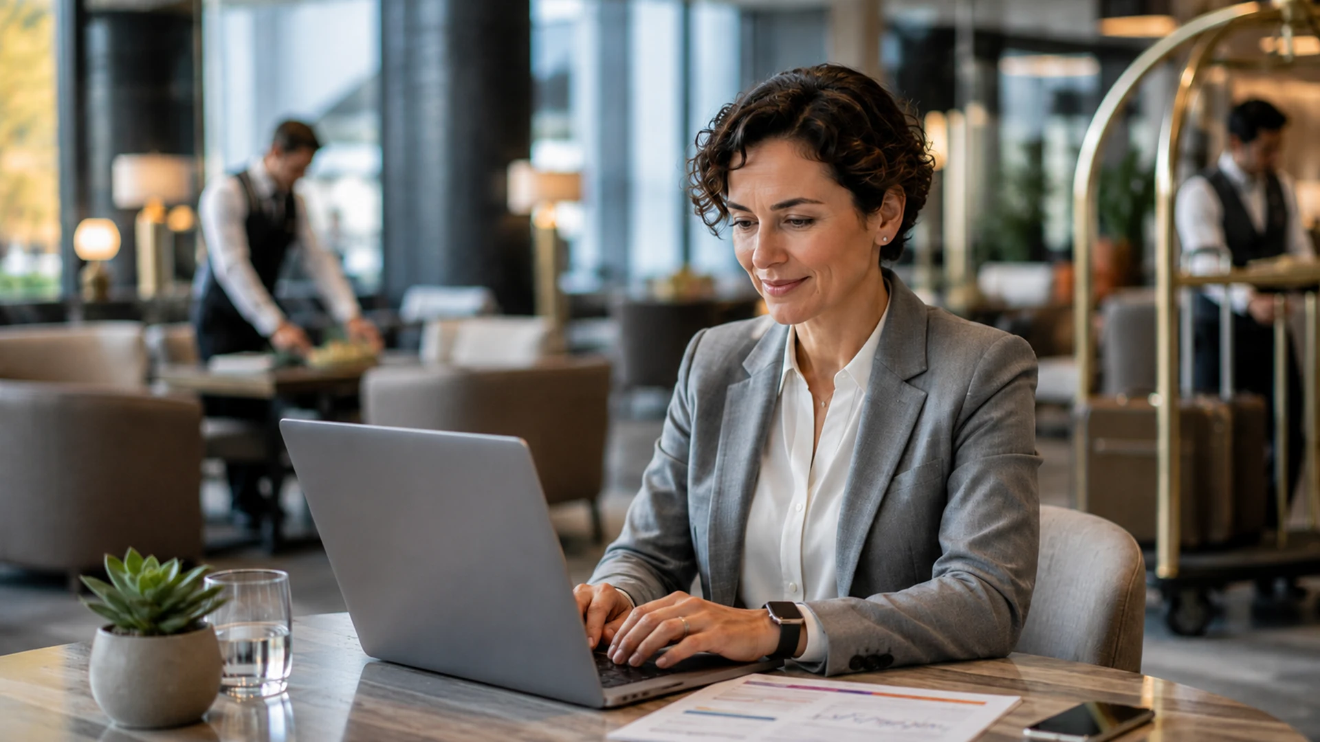 Profissional trabalha em um notebook em um ambiente de hotel.