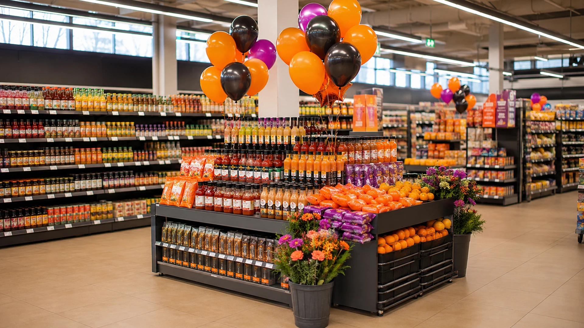 Área promocional com balões e produtos em um supermercado.