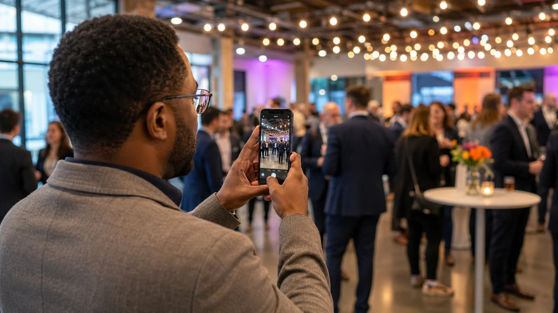 Homem registra um evento com o celular diante do público.