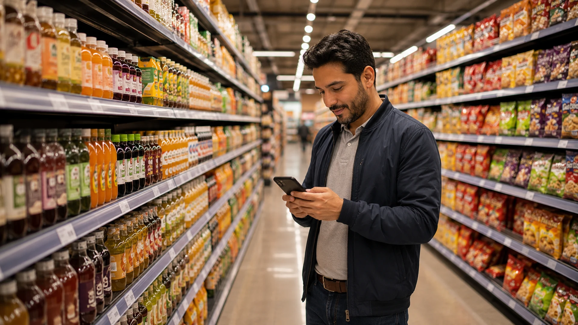 Homem consulta o celular em um corredor de supermercado.